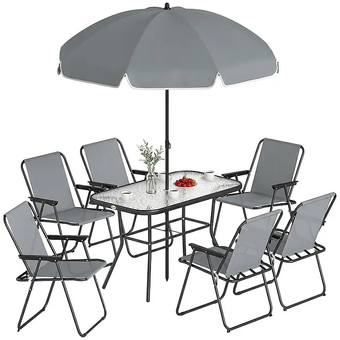 Outsunny Gartentisch-Set - Gesamtumfang: 8 -tlg., Stahl, Netzstoff, Polyester, Gehärtetes Glas, Klappbar - Graues Outdoor-Essgruppe mit sechs Stühlen, Glastisch und passendem Sonnenschirm für den Außenbereich.