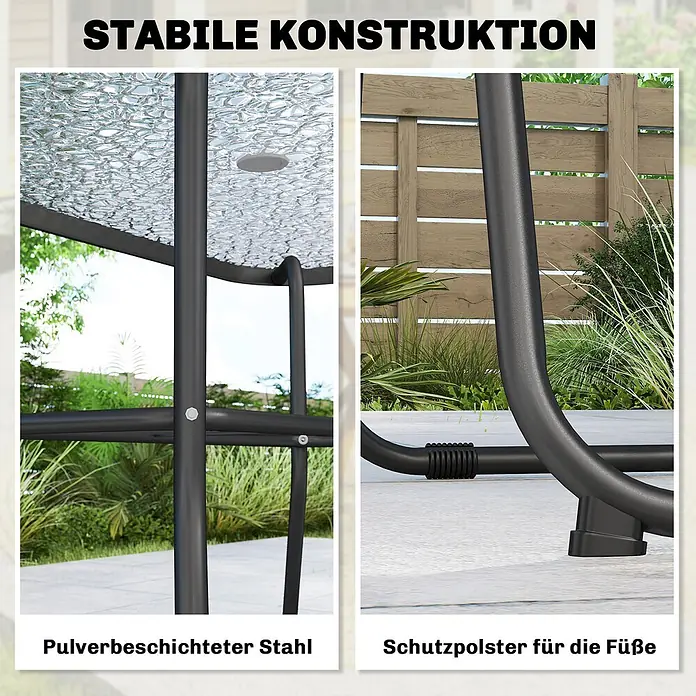 Outsunny Gartentisch-Set - Gesamtumfang: 8 -tlg., Stahl, Netzstoff, Polyester, Gehärtetes Glas, Klappbar - Detailansicht eines Gartentisches: Pulverbeschichtetes Stahlgestell mit gemusterter Glasplatte und Schutzpolstern an den Füßen für stabile Konstruktion.