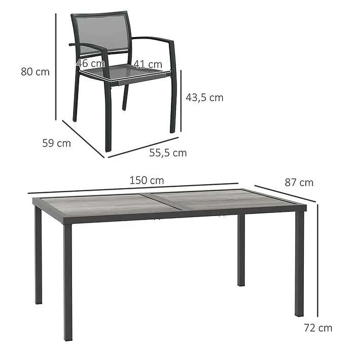 Outsunny Gartentisch-Set - Gesamtumfang: 7 -tlg., L x B x H: 150 x 87 x 72 cm, Stahl, Mesh, SPCC-Kunststoff, Stapelbar - Gartentisch und Stuhl aus dunkelgrauem Metall mit grauen Oberflächen, Maße angegeben.