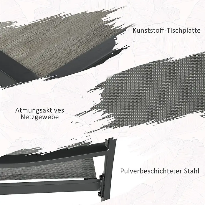 Outsunny Gartentisch-Set - Gesamtumfang: 7 -tlg., L x B x H: 150 x 87 x 72 cm, Stahl, Mesh, SPCC-Kunststoff, Stapelbar - Nahaufnahme von Gartenmöbelmaterialien: graue Kunststoff-Tischplatte in Holzoptik, atmungsaktives graues Netzgewebe und dunkelgraues pulverbeschichtetes Stahlgestell.