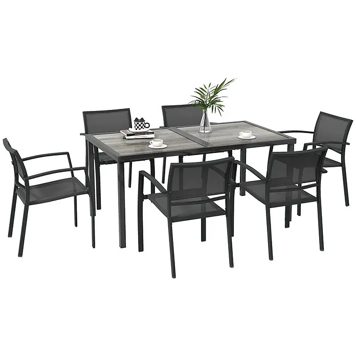 Outsunny Gartentisch-Set - Gesamtumfang: 7 -tlg., L x B x H: 150 x 87 x 72 cm, Stahl, Mesh, SPCC-Kunststoff, Stapelbar - Eine Garten-Essgruppe mit schwarzem Gestell, grauer Holzoptik-Tischplatte und sechs schwarzen Netzstühlen.