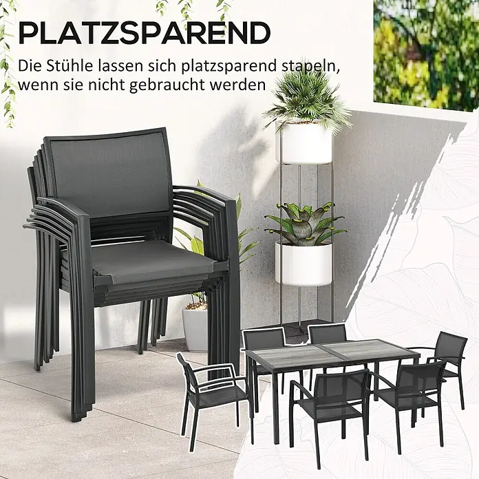Outsunny Gartentisch-Set - Gesamtumfang: 7 -tlg., L x B x H: 150 x 87 x 72 cm, Stahl, Mesh, SPCC-Kunststoff, Stapelbar - Dunkelgraue stapelbare Gartenstühle aus Metall und Textilene, gestapelt und um einen Tisch gezeigt.