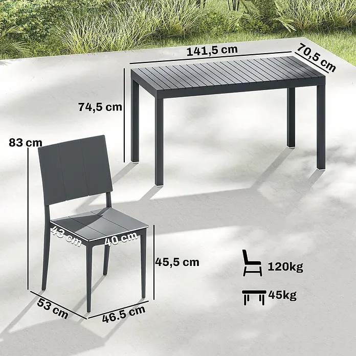 Outsunny Gartentisch-Set - Gesamtumfang: 5 -tlg., L x B x H: 141,5 x 70,5 x 74,5 cm, Metall, Kunststoff, Stapelbar - Dunkelgrauer Gartentisch und passender Stuhl mit Maßen und Gewichtskapazitäten.