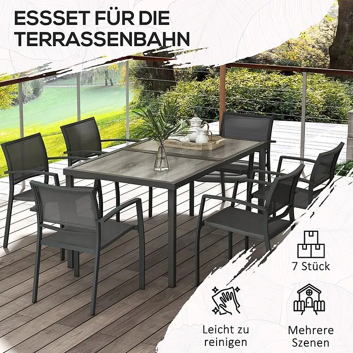 Outsunny Gartentisch-Set - Gesamtumfang: 7 -tlg., L x B x H: 150 x 87 x 72 cm, Stahl, Mesh, SPCC-Kunststoff, Stapelbar - Essgarnitur für den Außenbereich: Dunkelgrauer Metalltisch mit Holzoptikplatte und sechs dazu passende Stühle auf einer Terrasse.
