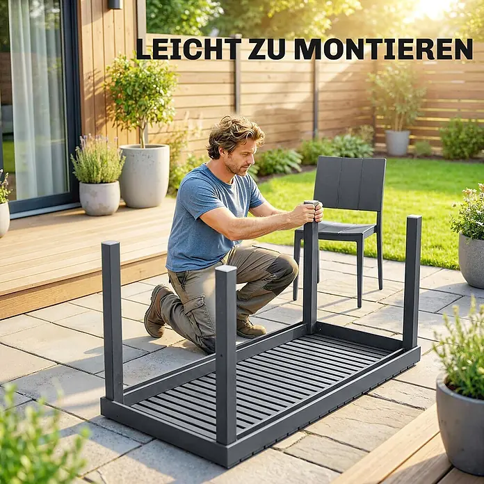 Outsunny Gartentisch-Set - Gesamtumfang: 5 -tlg., L x B x H: 141,5 x 70,5 x 74,5 cm, Metall, Kunststoff, Stapelbar - Mann montiert ein dunkelgraues Metall-Gartenmöbelgestell mit Lattenboden auf einer Terrasse.