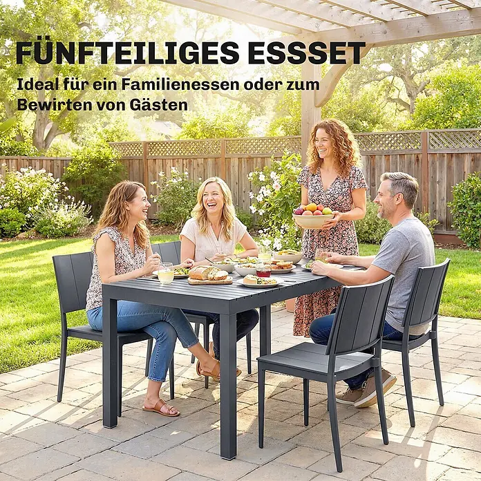 Outsunny Gartentisch-Set - Gesamtumfang: 5 -tlg., L x B x H: 141,5 x 70,5 x 74,5 cm, Metall, Kunststoff, Stapelbar - Fünfteiliges graues Outdoor-Essset mit Lattenrosttisch und vier Stühlen, ideal für Gartenmahlzeiten.