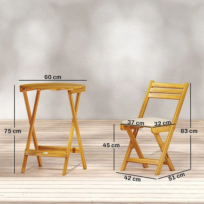 Outsunny Gartentisch-Set - Gesamtumfang: 3 -tlg., Akazienholz, Polyester, Schaumstoff, PP-Baumwolle, Klappbar - Klappbares Tisch- und Stuhlset aus hellem Akazienholz, Stuhl mit beigem Kissen.
