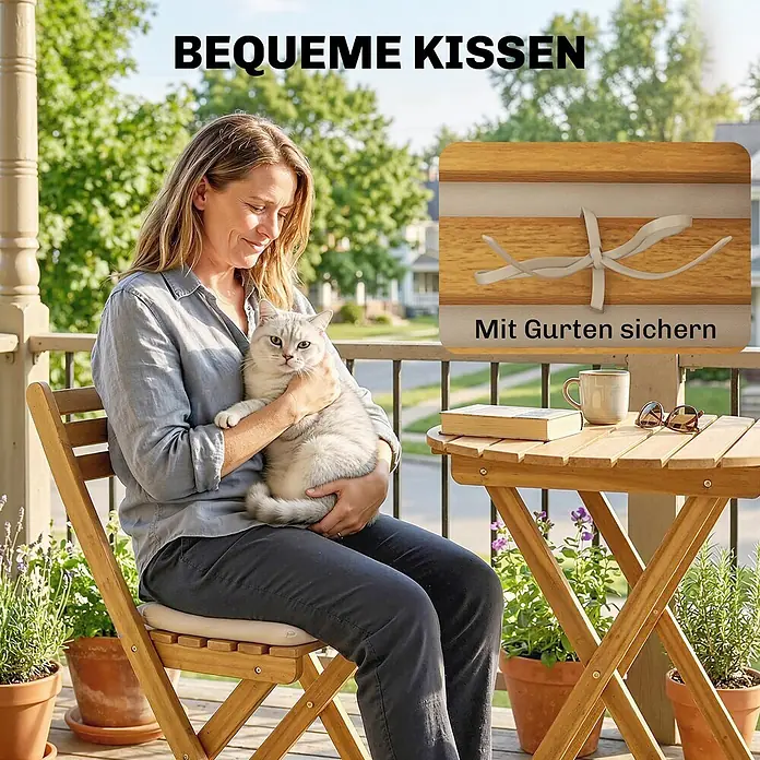 Outsunny Gartentisch-Set - Gesamtumfang: 3 -tlg., Akazienholz, Polyester, Schaumstoff, PP-Baumwolle, Klappbar - Hellbeiges Kissen mit Gurten auf einem Holzstuhl für Komfort.