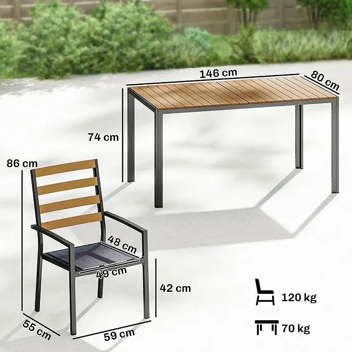 Outsunny Gartentisch-Set - Gesamtumfang: 7 -tlg., Galvanisierter Stahl, Metall, Baumwolle, Holz-Kunststoff-Verbundstoffe - Outdoor-Essgruppe: dunkelgrauer Tisch mit Holzlattenplatte und passendem Stuhl, mit Maßen und Gewichtslimits.
