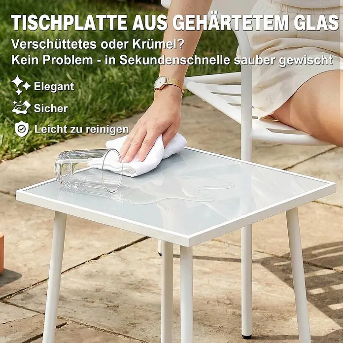 Outsunny Gartentisch-Set - Gesamtumfang: 3 -tlg., Verzinkter Stahl, Gehärtetes Glas - Weißer Outdoor-Beistelltisch mit Platte aus gehärtetem Glas, leicht abzuwischen.