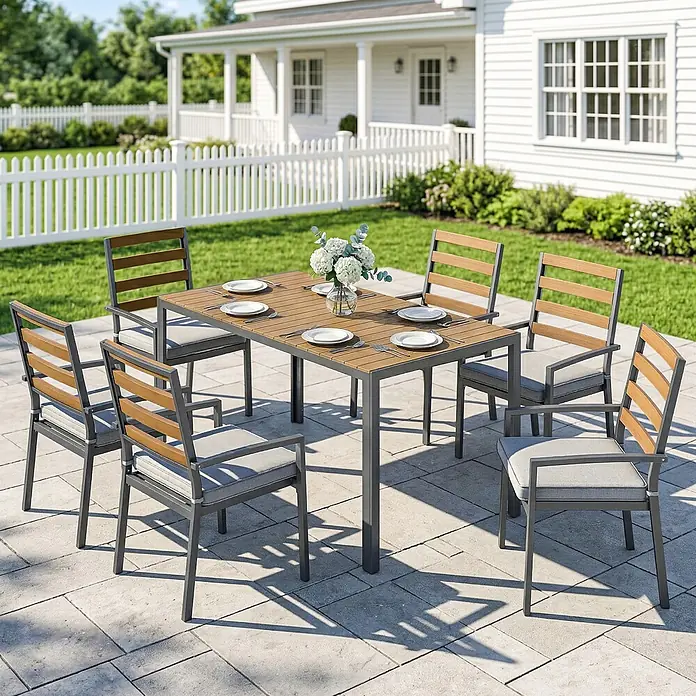 Outsunny Gartentisch-Set - Gesamtumfang: 7 -tlg., Galvanisierter Stahl, Metall, Baumwolle, Holz-Kunststoff-Verbundstoffe - Eine Outdoor-Essgruppe auf einer Terrasse, bestehend aus einem Holztisch und sechs Stühlen mit dunkelgrauen Gestellen und hellgrauen Kissen.