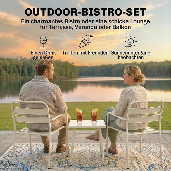 Outsunny Gartentisch-Set - Gesamtumfang: 3 -tlg., Verzinkter Stahl, Gehärtetes Glas - Ein weißes Outdoor-Bistro-Set mit Tisch und zwei Stühlen, von zwei Personen auf einer Terrasse genutzt.