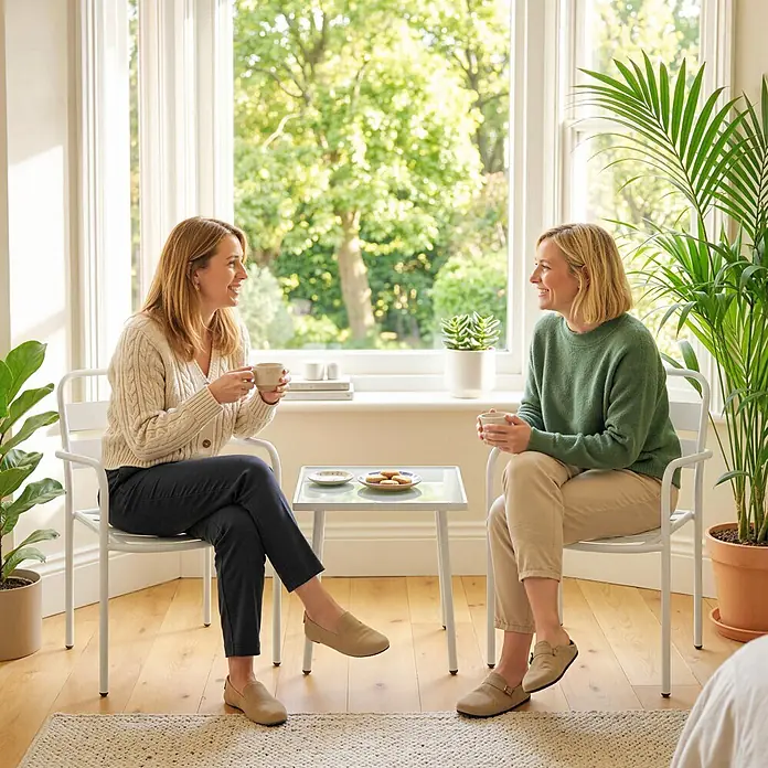 Outsunny Gartentisch-Set - Gesamtumfang: 3 -tlg., Verzinkter Stahl, Gehärtetes Glas - Weiche beige Slipper, getragen von zwei Frauen, die drinnen entspannen; ein Paar hat eine dezente Schnalle.