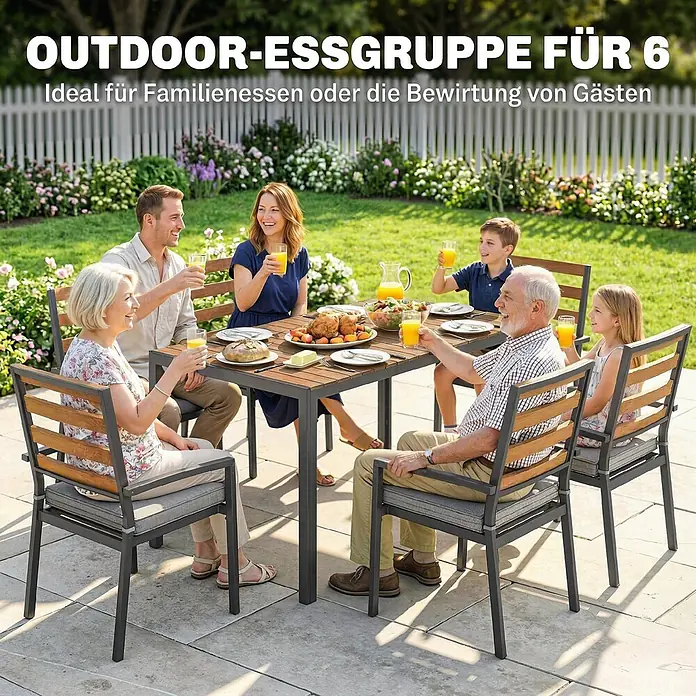 Outsunny Gartentisch-Set - Gesamtumfang: 7 -tlg., Galvanisierter Stahl, Metall, Baumwolle, Holz-Kunststoff-Verbundstoffe - Gartensitzgruppe für 6 Personen mit Holz-Metall-Tisch und Stühlen mit grauen Polstern, von Familie im Garten genutzt.