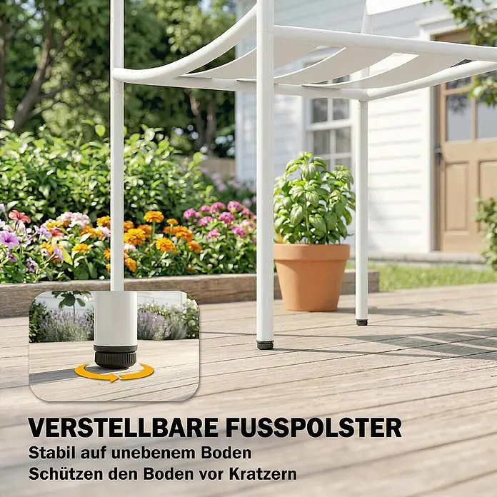 Outsunny Gartentisch-Set - Gesamtumfang: 3 -tlg., Verzinkter Stahl, Gehärtetes Glas - Weißes Outdoor-Gestell mit verstellbaren Fußpolstern für Stabilität auf unebenem Boden und Kratzschutz. Detailansicht eines Fußpolsters.