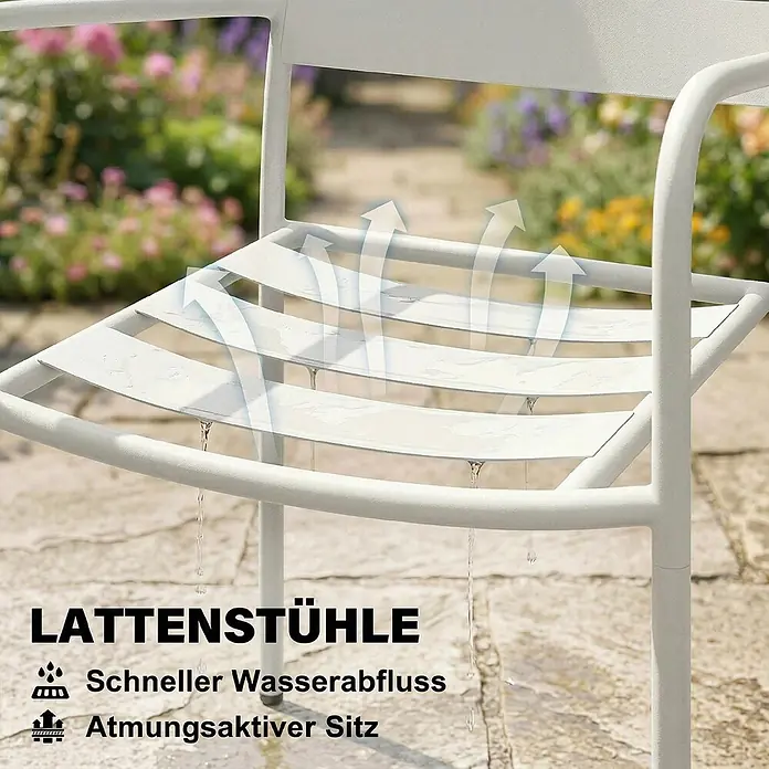 Outsunny Gartentisch-Set - Gesamtumfang: 3 -tlg., Verzinkter Stahl, Gehärtetes Glas - Weißer Lattenstuhl mit schnellem Wasserabfluss und atmungsaktivem Sitz für den Außenbereich.