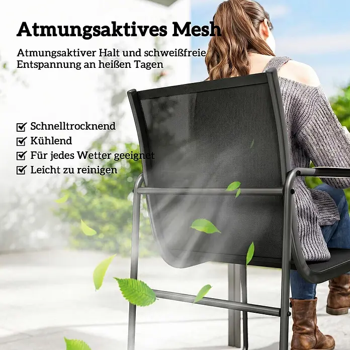 Outsunny Gartentisch-Set - Gesamtumfang: 7 -tlg., L x B x H: 150 x 80 x 73 cm, Verzinkter Stahl, Netzstoff, Gehärtetes Glas - Nahaufnahme der schwarzen Netzlehne eines Stuhls, auf dem eine Person entspannt sitzt, hervorhebend die Atmungsaktivität für Komfort im Freien.