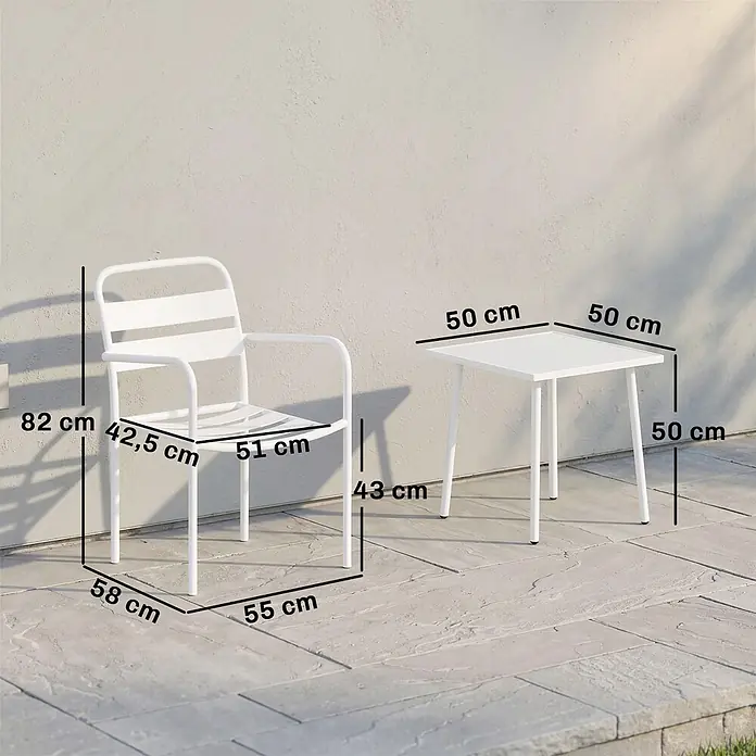 Outsunny Gartentisch-Set - Gesamtumfang: 3 -tlg., Verzinkter Stahl, Gehärtetes Glas - Weißes Metall-Outdoor-Stuhl- und Tischset mit Maßen, ideal für die Terrasse.