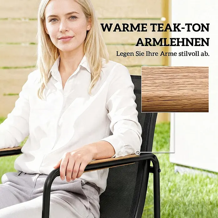 Outsunny Gartentisch-Set - Gesamtumfang: 7 -tlg., L x B x H: 150 x 80 x 73 cm, Verzinkter Stahl, Netzstoff, Gehärtetes Glas - Gartenstuhl mit warmen Teak-Ton-Armlehnen, darauf eine Frau, die ihre Arme bequem ablegt.
