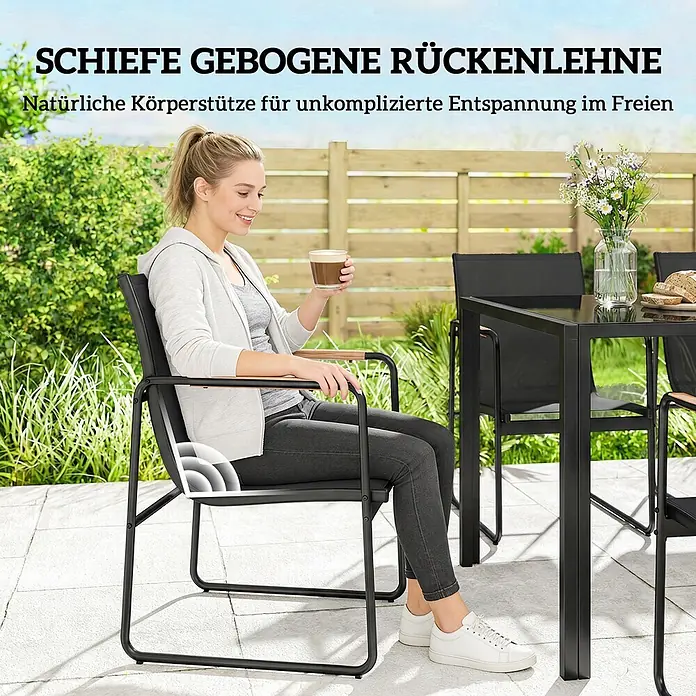 Outsunny Gartentisch-Set - Gesamtumfang: 7 -tlg., L x B x H: 150 x 80 x 73 cm, Verzinkter Stahl, Netzstoff, Gehärtetes Glas - Schwarzer Gartenstuhl mit Holzarmlehnen und passendem Tisch, von Frau im Freien auf Terrasse genutzt.