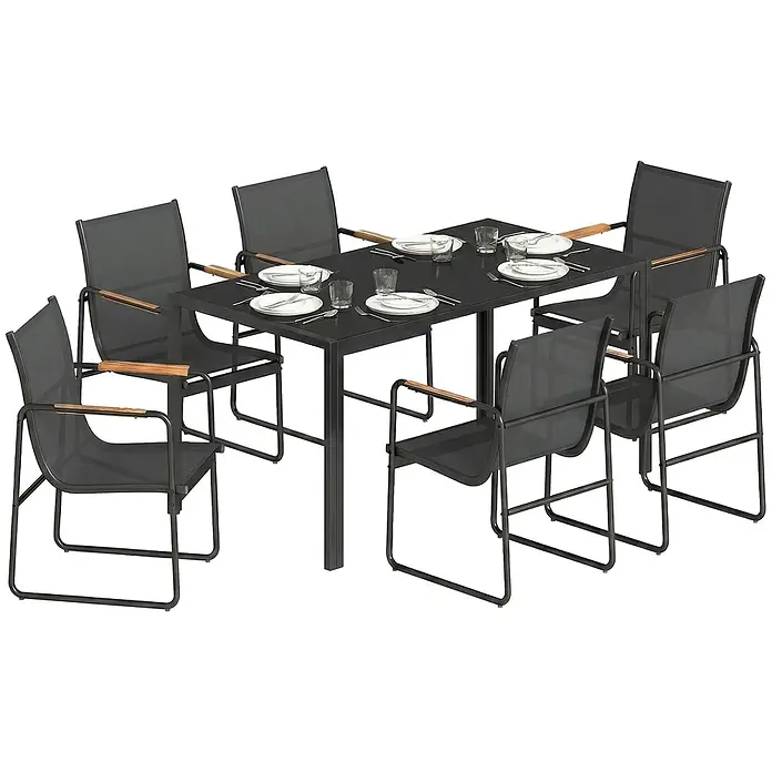 Outsunny Gartentisch-Set - Gesamtumfang: 7 -tlg., L x B x H: 150 x 80 x 73 cm, Verzinkter Stahl, Netzstoff, Gehärtetes Glas - Dunkelgraue Outdoor-Essgruppe mit Tisch und sechs Stühlen mit Holzarmlehnen, gedeckt mit Geschirr.
