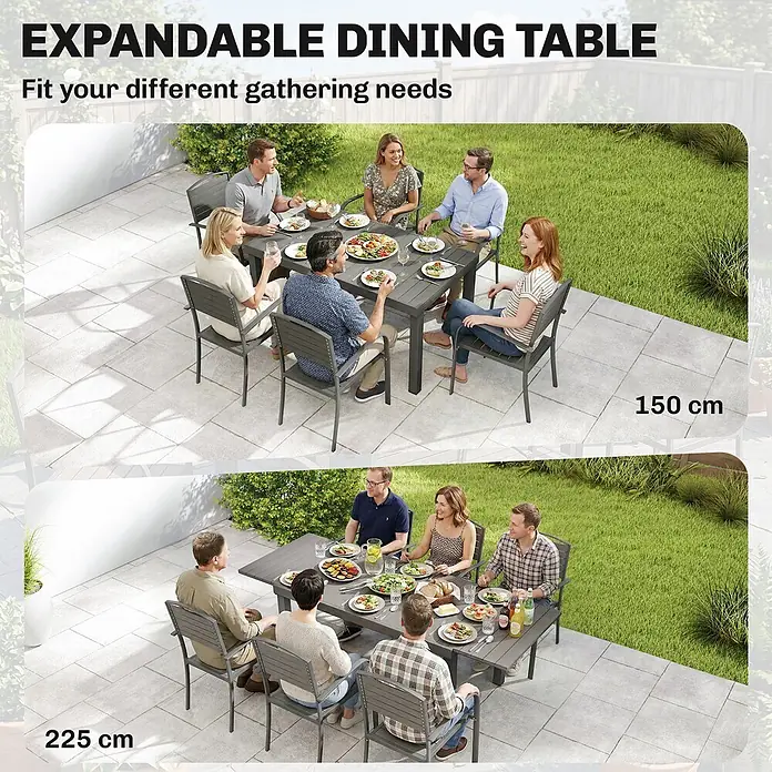 Outsunny Gartentisch-Set - Gesamtumfang: 7 -tlg., L x B x H: 225 x 85 x 75 cm, Aluminium, WPC, Stapelbar - Grauer ausziehbarer Esstisch für den Außenbereich, von 150cm auf 225cm erweiterbar für mehr Gäste.