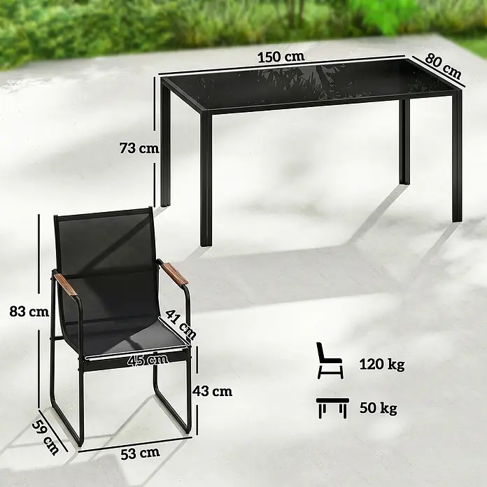 Outsunny Gartentisch-Set - Gesamtumfang: 7 -tlg., L x B x H: 150 x 80 x 73 cm, Verzinkter Stahl, Netzstoff, Gehärtetes Glas - Schwarzer Metall-Gartentisch mit Glasplatte und Stuhl mit schwarzem Netzgewebe und Holzarmlehnen, mit Maßen und Traglast.