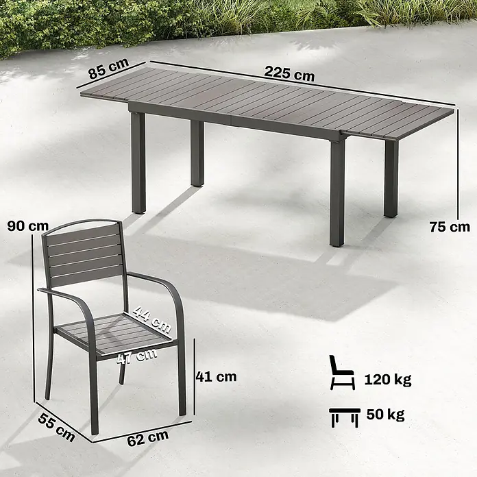 Outsunny Gartentisch-Set - Gesamtumfang: 7 -tlg., L x B x H: 225 x 85 x 75 cm, Aluminium, WPC, Stapelbar - Graues Lamellen-Gartenesstisch- und Stuhlset mit detaillierten Maßen und Gewichtskapazitäten.