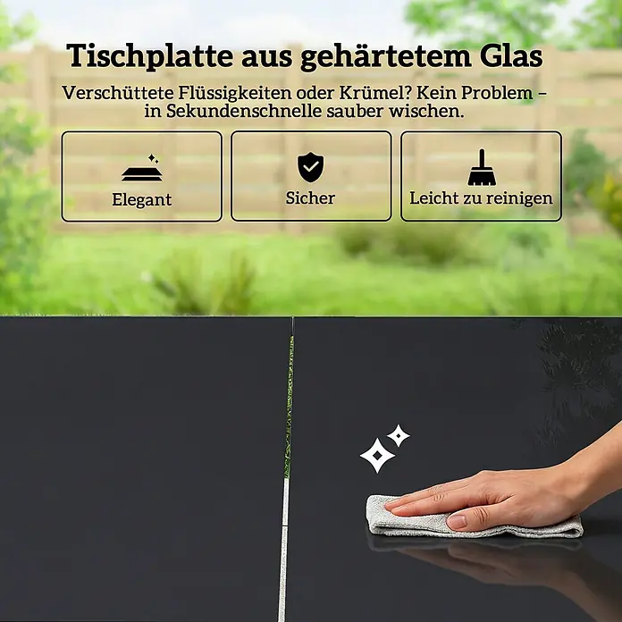 Outsunny Gartentisch-Set - Gesamtumfang: 7 -tlg., L x B x H: 150 x 80 x 73 cm, Verzinkter Stahl, Netzstoff, Gehärtetes Glas - Dunkelgraue Tischplatte aus gehärtetem Glas wird abgewischt. Text betont Eleganz, Sicherheit und leichte Reinigung.