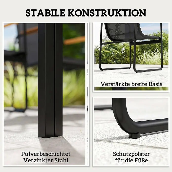 Outsunny Gartentisch-Set - Gesamtumfang: 7 -tlg., L x B x H: 150 x 80 x 73 cm, Verzinkter Stahl, Netzstoff, Gehärtetes Glas - Details schwarzer pulverbeschichteter Gartenmöbel aus verzinktem Stahl: stabile Konstruktion, verstärkte Basis und schützende Fußpolster.