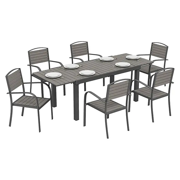 Outsunny Gartentisch-Set - Gesamtumfang: 7 -tlg., L x B x H: 225 x 85 x 75 cm, Aluminium, WPC, Stapelbar - Gartengarnitur aus grauem Metall und Lattenholz, mit rechteckigem Tisch und 8 Stühlen, gedeckt mit Tellern und Besteck.