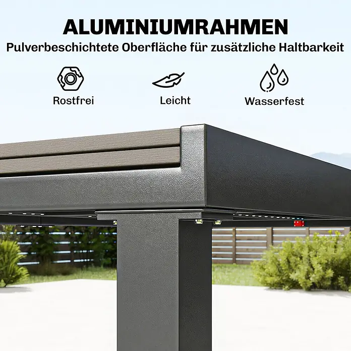 Outsunny Gartentisch-Set - Gesamtumfang: 7 -tlg., L x B x H: 225 x 85 x 75 cm, Aluminium, WPC, Stapelbar - Outdoor-Pergola mit pulverbeschichtetem dunkelgrauem Aluminiumrahmen und Holzoptik-Dachlamellen.