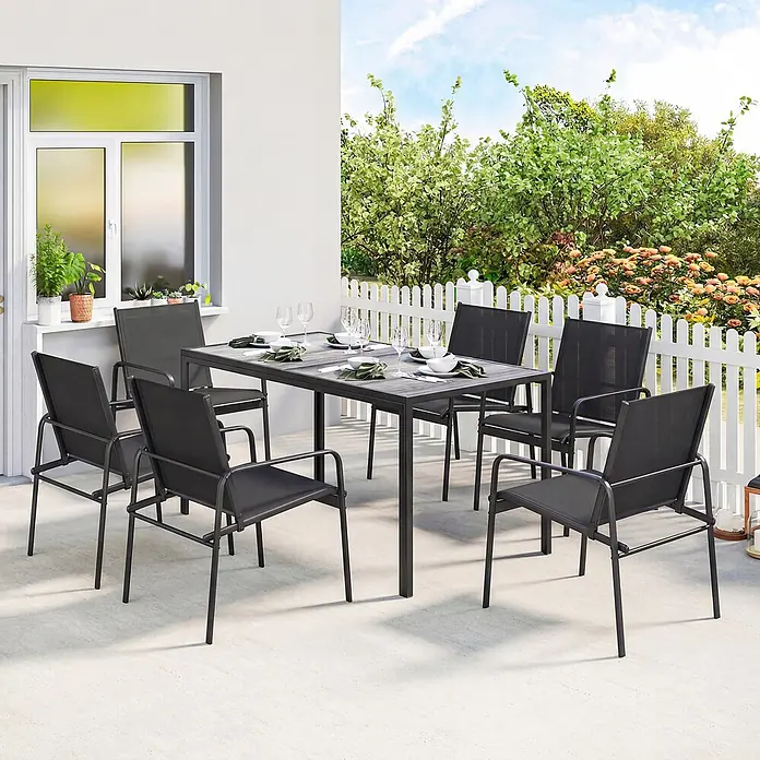 Outsunny Gartentisch-Set - Gesamtumfang: 7 -tlg., Verzinkter Stahl, PSPC, Mesh - Gartensitzgruppe mit dunkelgrauem Tisch und sechs schwarzen Stühlen auf einer Terrasse, bereit für eine Mahlzeit.