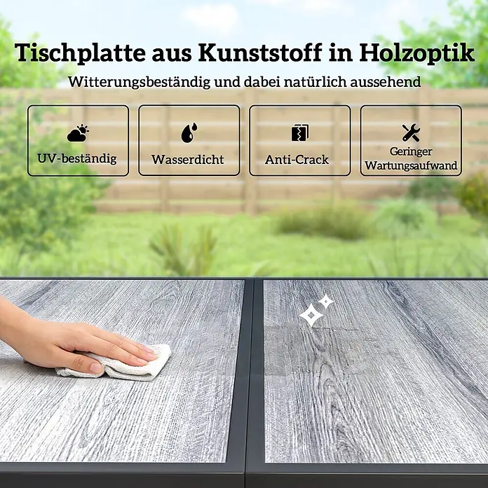 Outsunny Gartentisch-Set - Gesamtumfang: 7 -tlg., Verzinkter Stahl, PSPC, Mesh - Graue Kunststoff-Tischplatte in Holzoptik, wetterfest, UV-beständig, wasserdicht, rissfest und pflegeleicht.