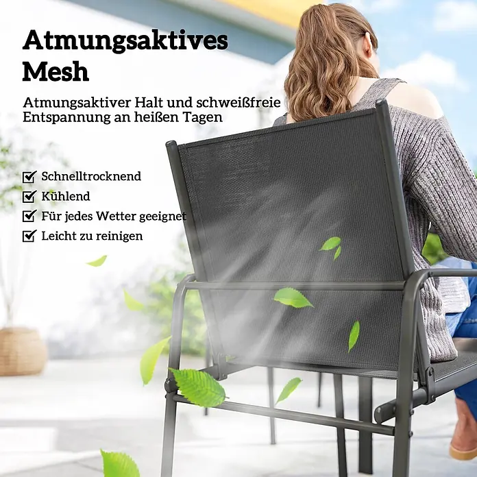 Outsunny Gartentisch-Set - Gesamtumfang: 7 -tlg., Verzinkter Stahl, PSPC, Mesh - Dunkelgrauer Outdoor-Mesh-Stuhl mit sitzender Person, der atmungsaktives Material für heiße Tage hervorhebt.