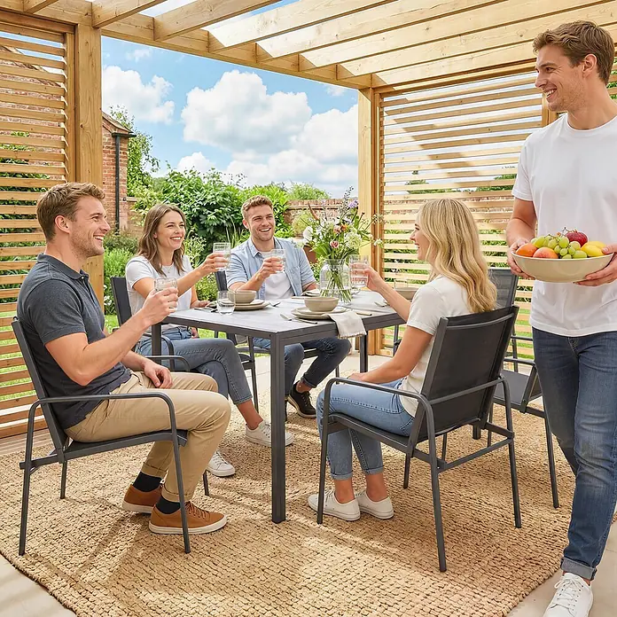 Outsunny Gartentisch-Set - Gesamtumfang: 7 -tlg., Verzinkter Stahl, PSPC, Mesh - Graue Metall-Outdoor-Essgruppe mit heller Tischplatte und Teppich, von Freunden unter Holzpergola genutzt.