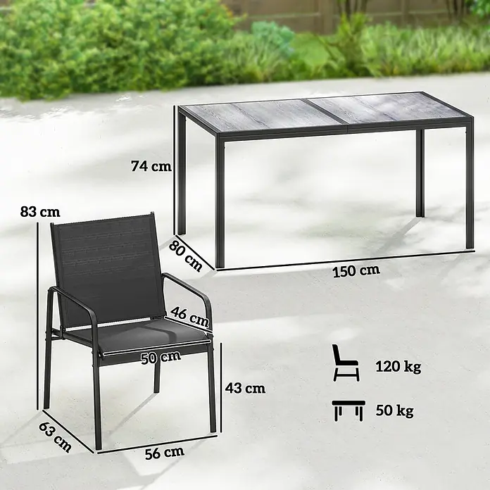 Outsunny Gartentisch-Set - Gesamtumfang: 7 -tlg., Verzinkter Stahl, PSPC, Mesh - Dunkelgrauer Gartentisch und Stuhl mit Maßen. Stuhl max. 120 kg, Tisch max. 50 kg.