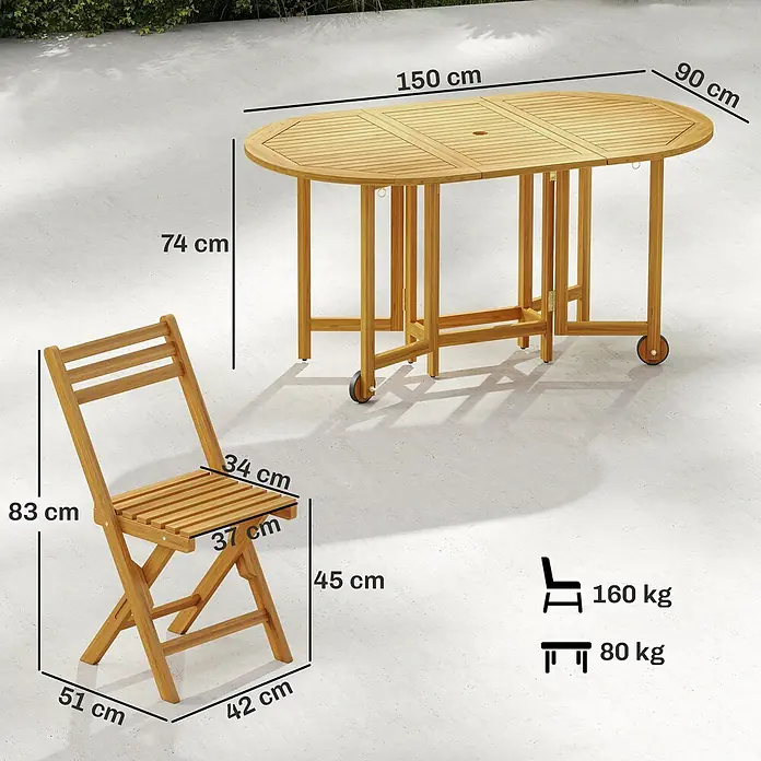 Outsunny Gartentisch-Set - Gesamtumfang: 7 -tlg., Akazienholz, Klappbar - Klappbarer Gartentisch aus Holz (150x90x74 cm) und Stuhl (H 83 cm) mit max. Belastung (Stuhl 160 kg, Tisch 80 kg) auf einer Terrasse.