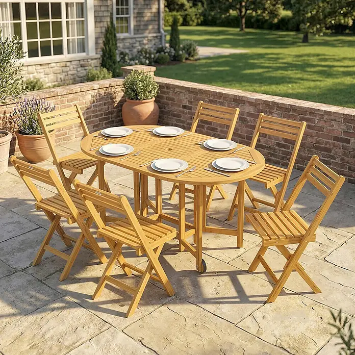 Outsunny Gartentisch-Set - Gesamtumfang: 7 -tlg., Akazienholz, Klappbar - Heller ovaler Terrassentisch aus Holz mit 6 Klappstühlen, im Freien zum Essen gedeckt.