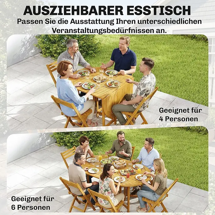 Outsunny Gartentisch-Set - Gesamtumfang: 7 -tlg., Akazienholz, Klappbar - Ausziehbarer Esstisch aus Holz, für 4 und 6 Personen nutzbar, passt sich unterschiedlichen Anlässen an.