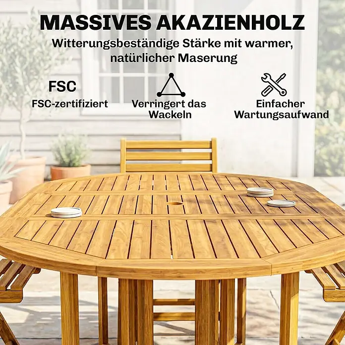 Outsunny Gartentisch-Set - Gesamtumfang: 7 -tlg., Akazienholz, Klappbar - Ein achteckiger Gartentisch aus massivem Akazienholz mit warmer, natürlicher Maserung, ideal für den Außenbereich.