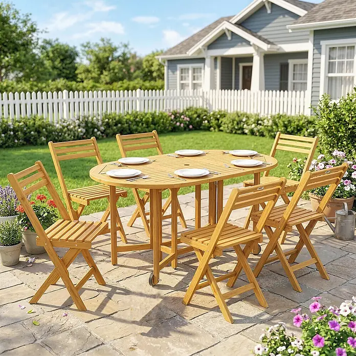 Outsunny Gartentisch-Set - Gesamtumfang: 7 -tlg., Akazienholz, Klappbar - Ein hellbraunes Holztischset für den Außenbereich mit ovalem Tisch und sechs klappbaren Lamellenstühlen, auf einer Terrasse mit Gedecken.