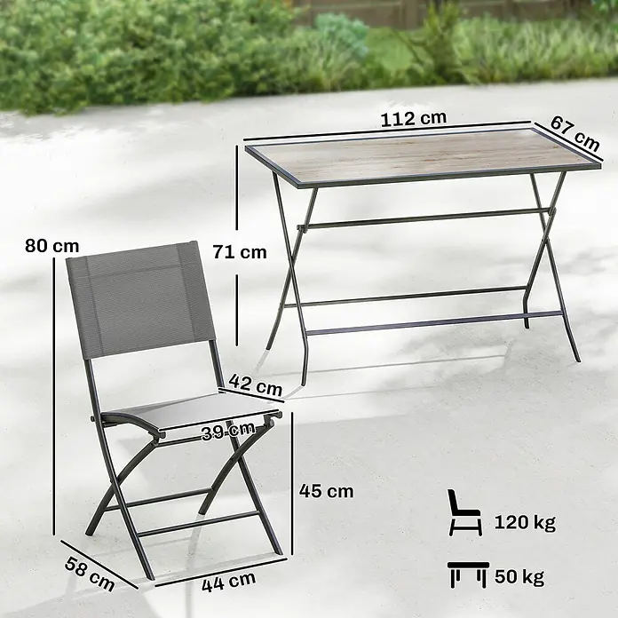 Outsunny Gartentisch-Set - Gesamtumfang: 5 -tlg., Stahl, Netzstoff, Kunststoff, Klappbar - Klappbarer Gartentisch (112x67x71 cm, max 50 kg) und Stuhl (58x44x80 cm, max 120 kg) mit grauem Gestell und Holzoptik-Platte.