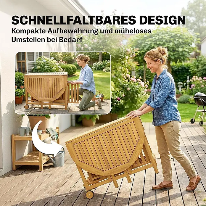 Outsunny Gartentisch-Set - Gesamtumfang: 7 -tlg., Akazienholz, Klappbar - Klappbarer Gartentisch aus Naturholz mit Rollen, der von einer Frau mühelos bewegt und verstaut wird.