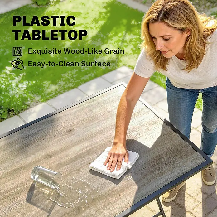 Outsunny Gartentisch-Set - Gesamtumfang: 5 -tlg., Stahl, Netzstoff, Kunststoff, Klappbar - Kunststofftischplatte mit Holzmaserung wird von verschüttetem Wasser gereinigt.