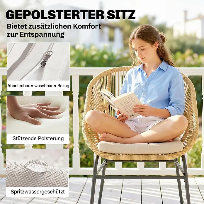 Outsunny Loungemöbel-Set - 3 -tlg., Stahl, PE-Rattan, Polyester, Hartglas, Schaumstoff, PP-Baumwolle, Beige - Gepolsterter Stuhl mit abnehmbarem, waschbarem, spritzwassergeschütztem Bezug und stützender Polsterung. Eine Frau entspannt lesend im Korbstuhl.