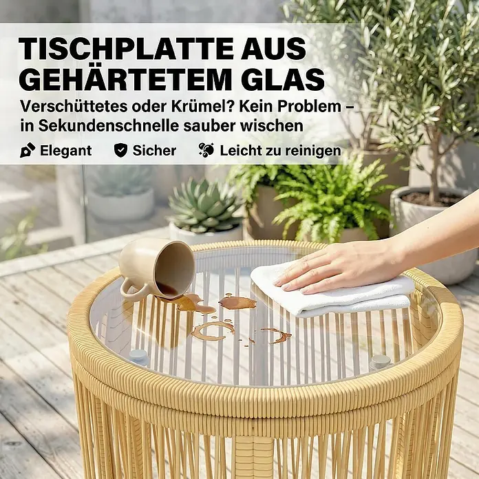Outsunny Loungemöbel-Set - 3 -tlg., Stahl, PE-Rattan, Polyester, Hartglas, Schaumstoff, PP-Baumwolle, Beige - Runder Rattan-Beistelltisch mit gehärteter Glasplatte, die von verschütteten Flüssigkeiten abgewischt wird.
