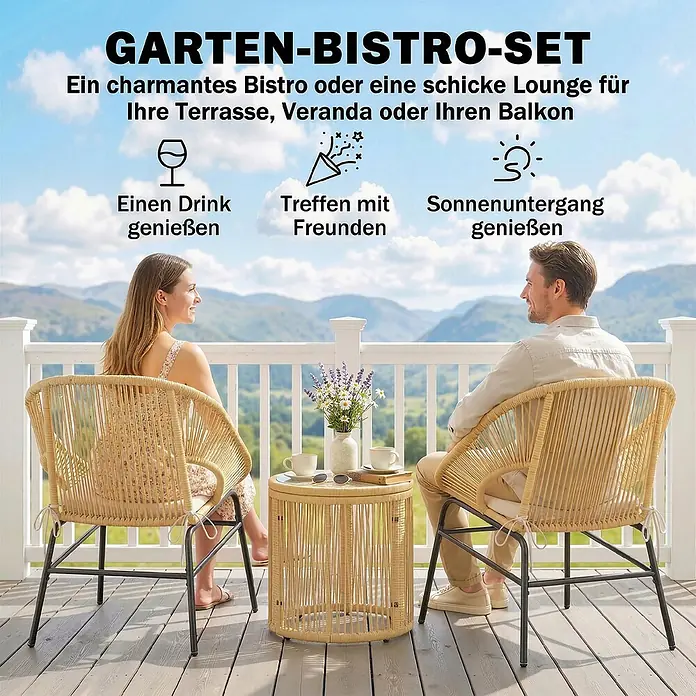 Outsunny Loungemöbel-Set - 3 -tlg., Stahl, PE-Rattan, Polyester, Hartglas, Schaumstoff, PP-Baumwolle, Beige - Garten-Bistro-Set mit zwei hellen Rattan-Stühlen und einem runden Tisch auf einem Balkon, von zwei Personen genutzt. Ideal zum Entspannen im Freien.