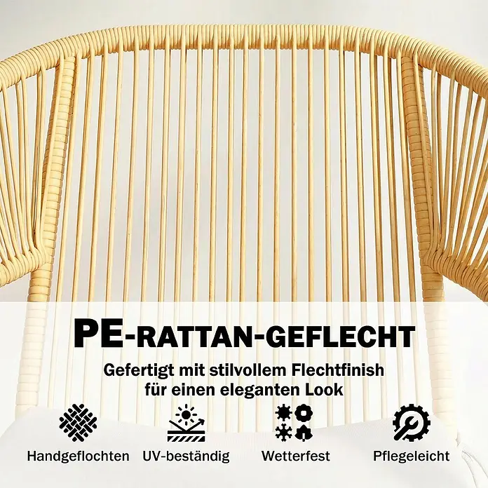 Outsunny Loungemöbel-Set - 3 -tlg., Stahl, PE-Rattan, Polyester, Hartglas, Schaumstoff, PP-Baumwolle, Beige - Hellebraune PE-Rattan-Geflechtstuhl-Rückenlehne mit vertikalen Streben, die ein elegantes, handgeflochtenes Design zeigt.