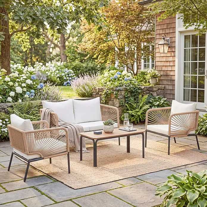 Outsunny Loungemöbel-Set - 4 -tlg., Metall, PE-Rattan, WPC, Polyester, Schaumstoff, PP-Baumwolle, Weiß, Braun - Outdoor-Gartenset: hellbraunes Sofa, zwei Stühle mit weißen Kissen, Holztisch und beiger Teppich auf einer Steinterrasse.
